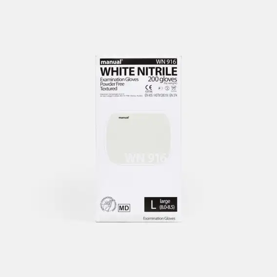 Перчатки нитриловые Manual White Nitrile текстура на пальцах белые (100 шт), смотровые нитриловые перчатки текстурированные мануал вайт