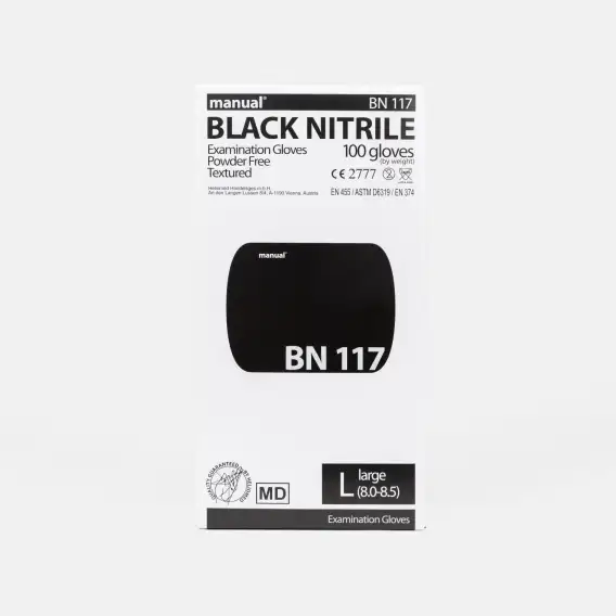 Перчатки нитриловые Manual Black Nitrile текстура на пальцах черные (100 шт), черные смотровые нитриловые перчатки мануал блэк нитрил 