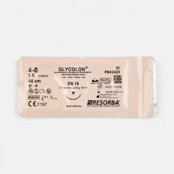 Шовный материал Resorba Glyсolon USP 4/0, metric 1,5, DS 18, 45 см, ресорба гликолон юсп 4/0 метрик 1,5 дс 18 45 см, glycolon 